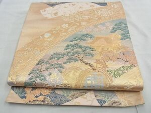 平和屋野田店■六通柄袋帯　唐織　風景花絵巻　金糸　逸品　n-te1415