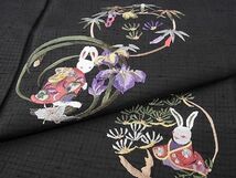 平和屋-こころ店■極上　訪問着　紬地　刺繍　兎　七夕　蝋色地　着丈166.5cm　裄丈70cm　正絹　逸品　4kk4204_画像7