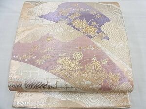 平和屋野田店■佐賀錦　六通柄袋帯　扇面吉祥花鳥文　金銀糸　逸品　n-ea1097