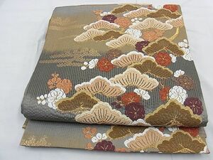 平和屋野田店■六通柄袋帯　唐織　梅松エ霞文　金糸　逸品　n-te1357