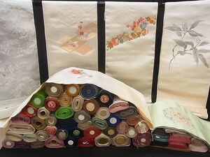 平和屋■1円 帯反物 まとめて 75点 鴛鴦 花柄 扇寿 西陣 手描き 駒刺繍 金銀糸 など 全て正絹・全て未使用 se1208