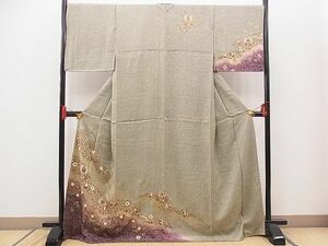 平和屋野田店■訪問着　向かい鳳凰花蝶唐草文　たたき染め　金彩　逸品　n-sa3907