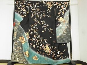 平和屋-こころ店■豪華振袖　駒刺繍　花蝶文　暈し染　黒地　金彩　着丈160.5cm　裄丈69cm　正絹　逸品　A-ck7980