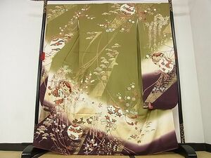 平和屋-こころ店■豪華振袖　草花鈴文　暈し染め　金彩　着丈167cm　裄丈69.5cm　正絹　逸品　A-ja5714