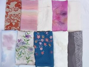 平和屋1■和装小物　上質な帯揚げ10枚セット　刺繍　手描き　桜　草花　飛鶴文　暈し染め　金糸　逸品　ev2361