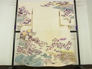 平和屋川間店■訪問着　駒刺繍　風景草花文　金糸　着丈155cm　裄丈66cm　正絹　逸品　B-ey4764