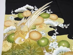 平和屋川間店■豪華黒留袖　駒刺繍　松竹梅　花鳥文　金銀糸　金彩　着丈162cm　裄丈65.5cm　正絹　逸品　A-ay089