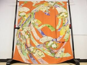 平和屋川間店■豪華振袖　鬘帯扇面花鳥文　金彩　着丈164.5cm　裄丈63.5cm　正絹　逸品　A-bw3932