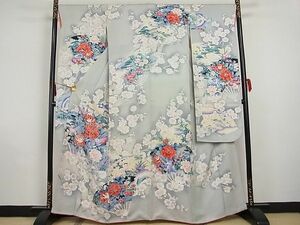 平和屋川間店■豪華振袖　駒刺繍　舞扇花鳥風景文　銀彩　着丈160cm　裄丈68cm　正絹　逸品　A-br4702