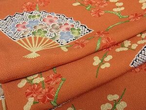 平和屋川間店■上質な小紋　扇面花文　鬼しぼ縮緬　三越扱い　着丈160cm　裄丈62cm　正絹　逸品　B-oa5003