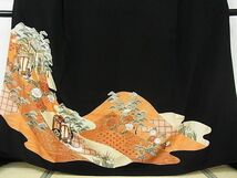 平和屋川間店■豪華黒留袖　駒刺繍　御所車花文　金彩　着丈163cm　裄丈65cm　正絹　逸品　A-ja4170_画像3