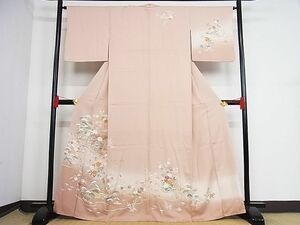 平和屋-こころ店■訪問着　流水風景草花文　暈し染め　金彩　着丈164cm　裄丈65cm　正絹　逸品　1B-np2638