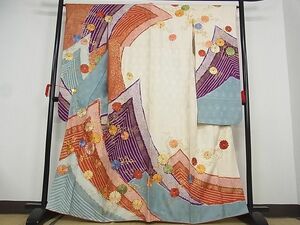 平和屋-こころ店■豪華振袖　駒刺繍　絞り　菊唐草文　金彩　着丈162cm　裄丈65.5cm　正絹　逸品　1B-wt1994