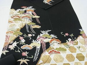 平和屋-こころ店■付下げ　反物　着尺　吉祥松文　松竹梅　黒地　金彩　正絹　逸品　未使用　A-wj6569