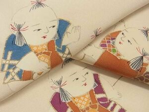 平和屋2■塩瀬　九寸開き名古屋帯　手描き　唐子遊び　金彩　逸品　ma4755