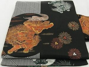 平和屋-こころ店■九寸名古屋帯　唐獅子　黒地　金糸　正絹　逸品　A-hg1674