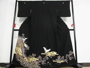 平和屋-こころ店■豪華黒留袖　刺繍　飛鶴地紙宝尽くし文　暈し染め　金彩　着丈162cm　裄丈64cm　正絹　逸品　B-oa8601