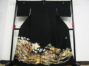 平和屋-こころ店■豪華黒留袖　作家物　鬘帯人物花文　金彩　着丈164cm　裄丈68cm　正絹　逸品　B-oa8624