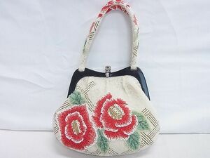 平和屋2■和装小物　和装バッグ　ビーズバッグ　草花　持ち手付き　レトロ　逸品　aaa6580