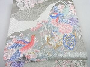 平和屋2■六通柄　本袋帯　能衣裳花鳥紋　純プラチナ箔　逸品　sf4129