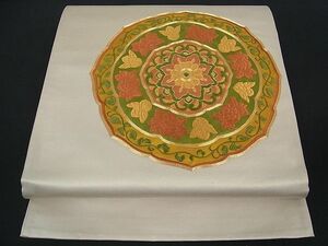 平和屋川間店■六通太鼓柄袋帯　駒刺繍　花唐草絵皿文　金糸　逸品　ox1160