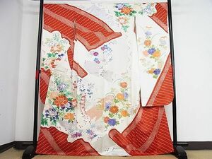 平和屋-こころ店■豪華振袖　駒刺繍　絞り　草花に簾　金彩　着丈165cm　裄丈67cm　正絹　逸品　1B-np2504