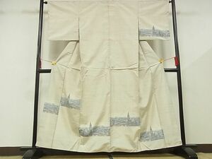 平和屋-こころ店■本場大島紬　訪問着　白大島　7マルキ　風景文　着丈157.5cm　裄丈64.5cm　正絹　逸品　B-zg9048