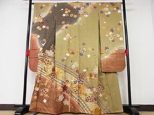 平和屋-こころ店■豪華振袖　駒刺繍　吉祥草花文　暈し染め　金彩　着丈160cm　裄丈64.5cm　正絹　逸品　1B-ph0456