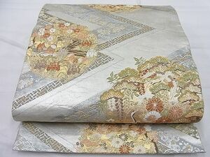 平和屋野田店■六通柄袋帯　唐織　松皮小袖寿鶴文　金銀糸　逸品　n-ud0481