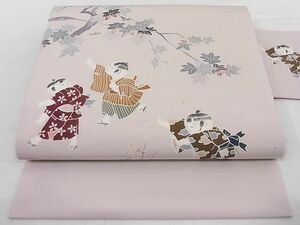 平和屋-こころ店■塩瀬　九寸名古屋帯　手描き　童子遊び　正絹　逸品　A-gk1569