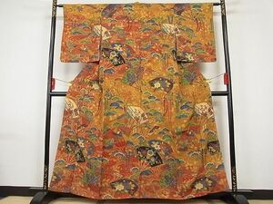 平和屋-こころ店■訪問着　舞扇吉祥草花文　鬼しぼ縮緬　着丈157.5cm　裄丈62.5cm　正絹　逸品　A-br7905