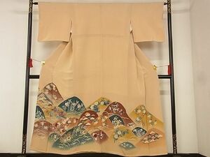 平和屋-こころ店■豪華色留袖　手描き　遠山花文　金彩　着丈153.5cm　裄丈62cm　正絹　逸品　A-ck8196