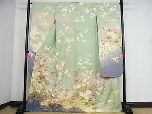 平和屋-こころ店■豪華振袖　駒刺繍　松に草花文　暈し染め　金彩　三越扱い　着丈167cm　裄丈65cm　正絹　逸品　1B-np2731