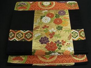 平和屋川間店■六通柄袋帯　唐織　草花間道　黒地　金糸　逸品　kb1796