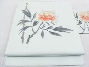 平和屋野田店■塩瀬　九寸名古屋帯　手描き　枝牡丹　逸品　n-gt3688