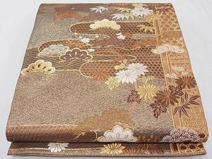 平和屋1■六通柄袋帯　唐織　エ霞飛鶴花松文　金糸　逸品　1fb2406