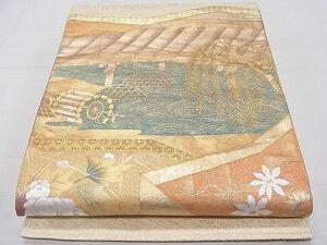 平和屋1■六通太鼓柄袋帯　駒刺繍　屏風風景文　金銀彩　逸品　1fb2632