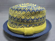 FRAPBOIS フラボア　エスニック　アラベスク　編み込みウールハット　帽子　紺×黄色　58cm程　S2402A_画像2