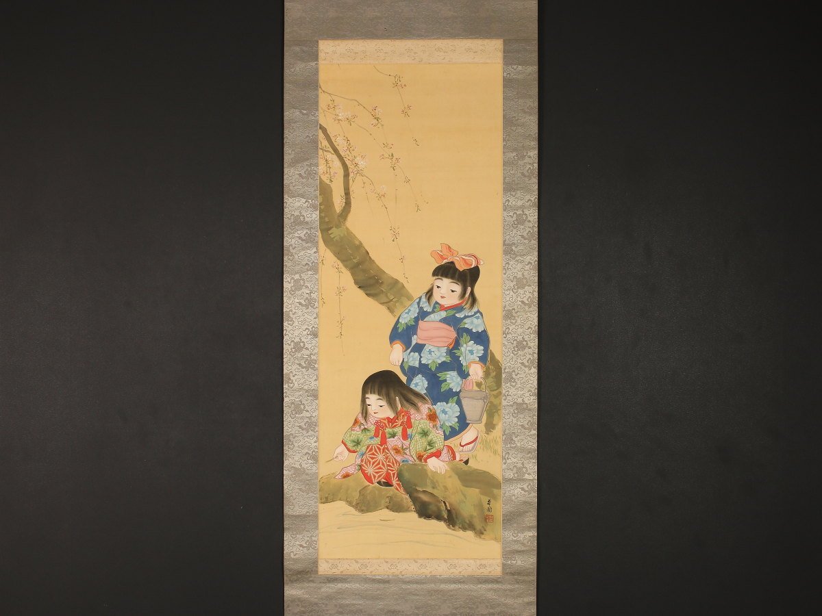 [Authentisches Werk] [Traditionell_2] dr2073 (Ogata Kabai) Weinende Kirschblüten und ein kleines Mädchen, Bijin-ga, Naniwa-Malerin, Meister von Takeuchi Seiho, Osaka-Person, Malerei, Japanische Malerei, Person, Bodhisattva