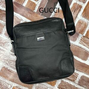 GUCCI グッチ ショルダーバッグ ポシェット サコッシュ シマ GG 斜め掛け ビジネス ロゴプレート レザー キャンバス ブラック 黒