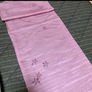 正絹ハギレ　約31×105 薄桃　さくら色に花柄　撫子色　薄めピンク　はぎれ