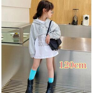 120cm 韓国風 かわいいミニ丈スウェットTシャツ2点セット 子供用 グレー