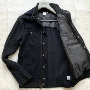 アルマーニ ARMANI EXCHANGE 異素材切替 ニット ジャケット ブルゾン ジップアップ Wジップ ロゴ刻印ボタン Mサイズ ブラック 黒 メンズ