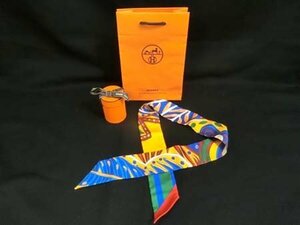 エルメス HERMES スカーフ ツイリー 全長85×幅5㎝ シルク100% 円筒箱 専用紙袋付 中古 ■