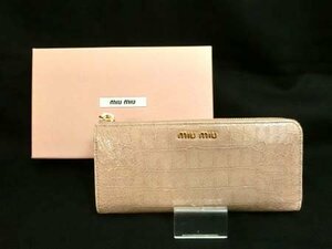 ミュウミュウ miumiu 長財布 L字ジップ ピンク系 クロコ型押し 金ロゴ 箱付 経年保管 中古 ■