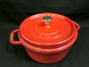 ストウブ STAUB ココットラウンド レッド 24cm 鋳鉄 ホーロー鍋 両手鍋 本体のみ 経年使用保管 傷あり 中古 ■