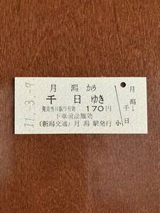 新潟交通硬券乗車券「月潟から千日ゆき」月潟駅発行