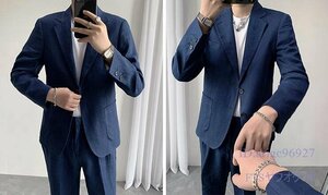V549☆新品メンズ スーツ ビジネススーツ スーツセットアップ 麻 夏涼しい テーラードジャケット 上下セット シワ感 ネイビー M~2XL