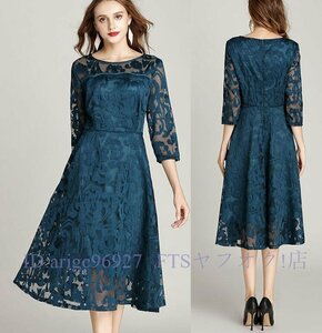 A5417* new goods large size lady's easy party wedding two next . unusual material floral print race switch dress One-piece blue 2L