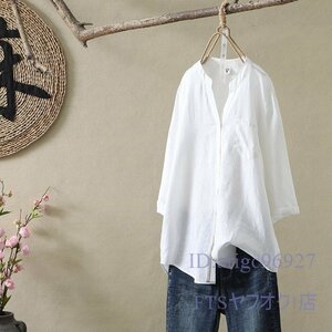 A2251* new goods lady's tops 7 minute length of a sleeve shirt stand car la blouse ventilation .. flax linenL size white 